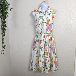 Zara White Floral Midi Shirt Dress Sleeveless Front Wrap Tie Cotton Summer